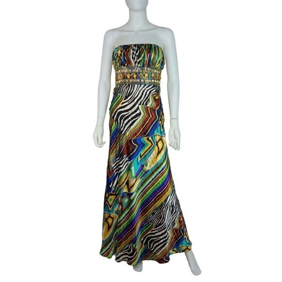 Cache Liquid Satin Formal Prom Dress Zebra Multicolored Stripes Beaded Women's 2 - Picture 2 of 6